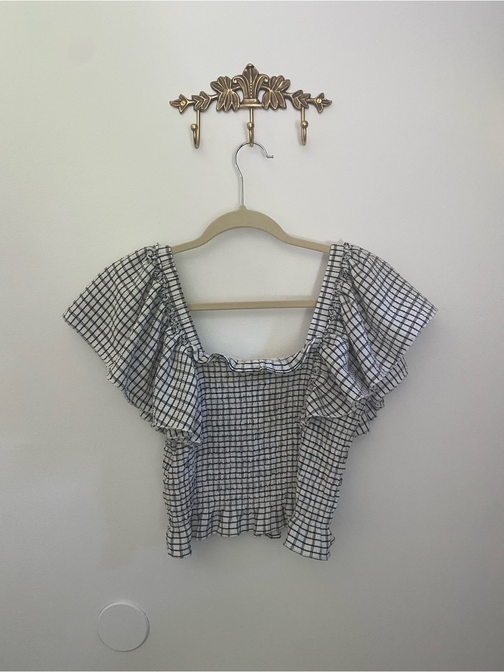Maeve Black and White Check Smocked Crop Top with Ruffle Sleeves